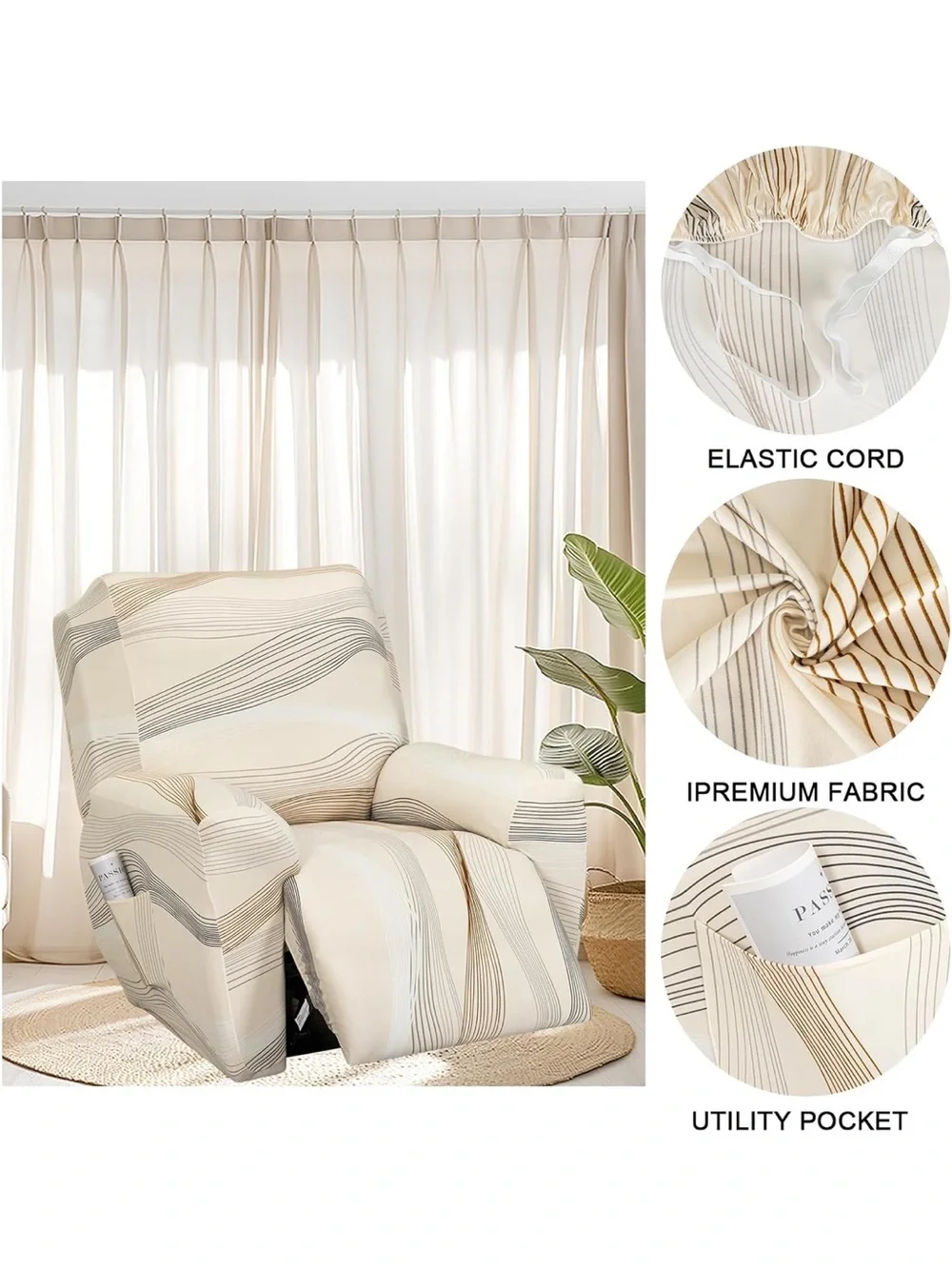 Lazy Boy Recliner Furniture Slipcover Wavy Geometric Print - Cream Brown